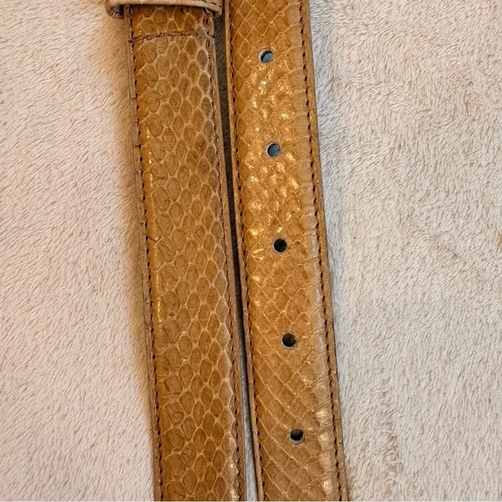 Tan Leather Snakeskin Textured Slim Belt with Gold Buckle Sz M